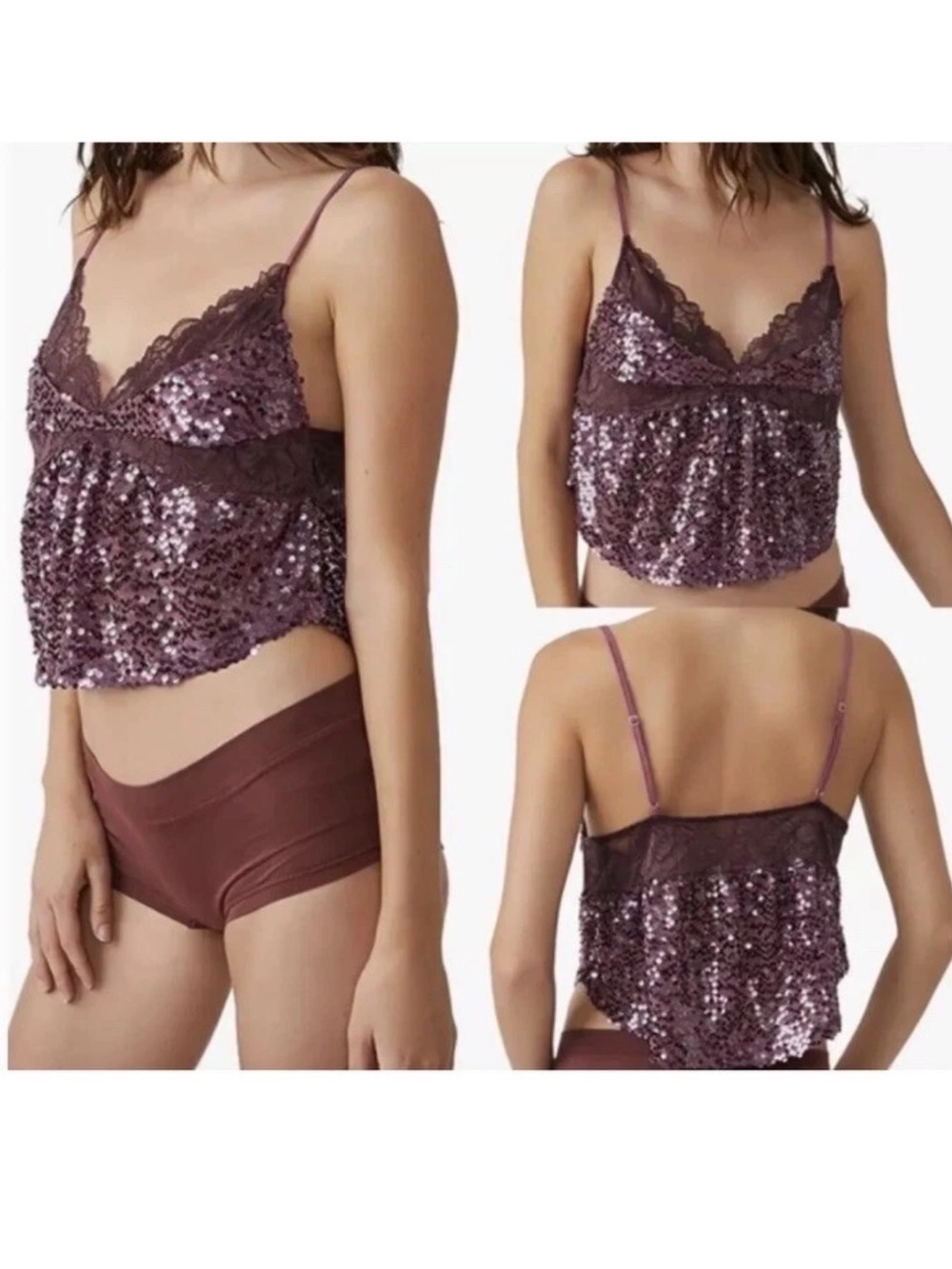 🆕 Free People Right Rhythm Sequin Cami Top Small Wine Combo - Picture 2 of 15